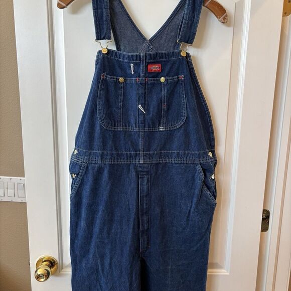 Dickies Jeans Denim Bib Overalls 36 X 34 Carpenter Dark Blue Work Button fly‎ - Picture 3 of 12